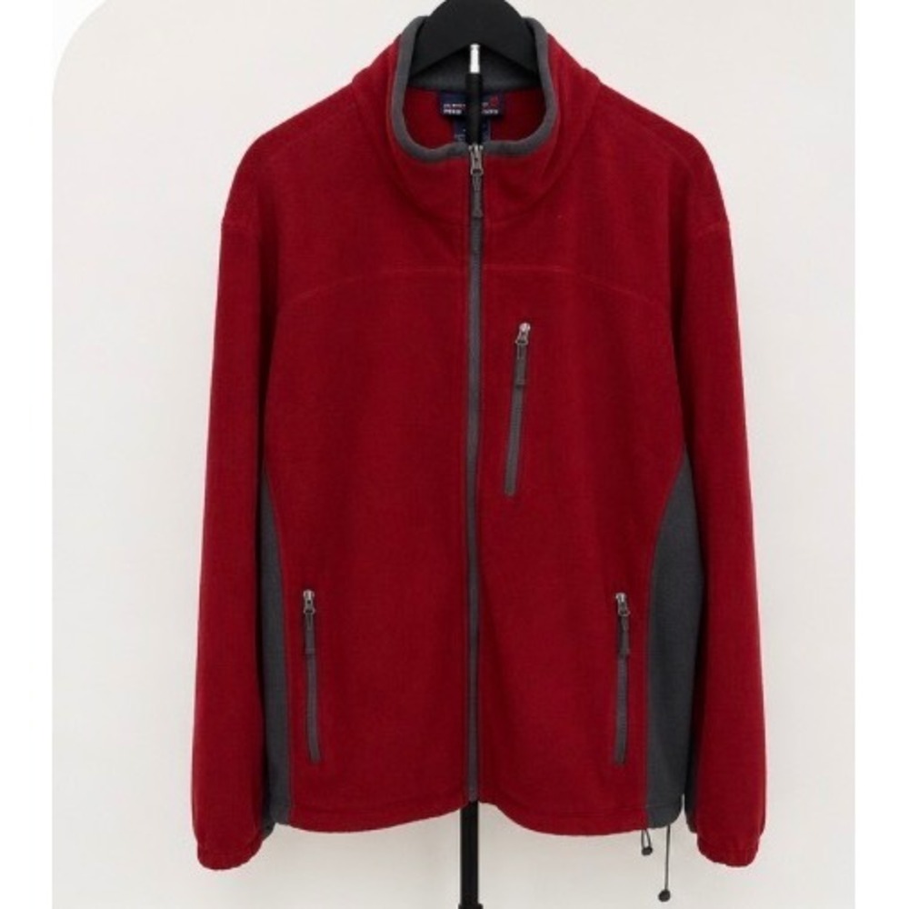 Free Country Mens Full Zip Fleece Jacket Red Gray Colorblock XL Pocket Hiking
